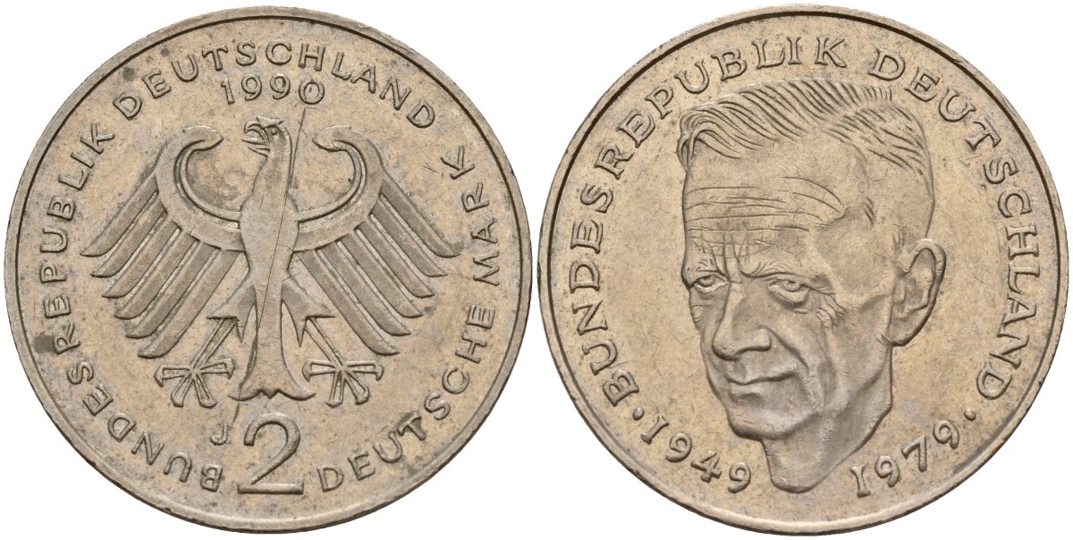 ФРГ 2 марки 1990 J, Курт Шумахер KM 149, J. 424 медно-никель 4159-1251