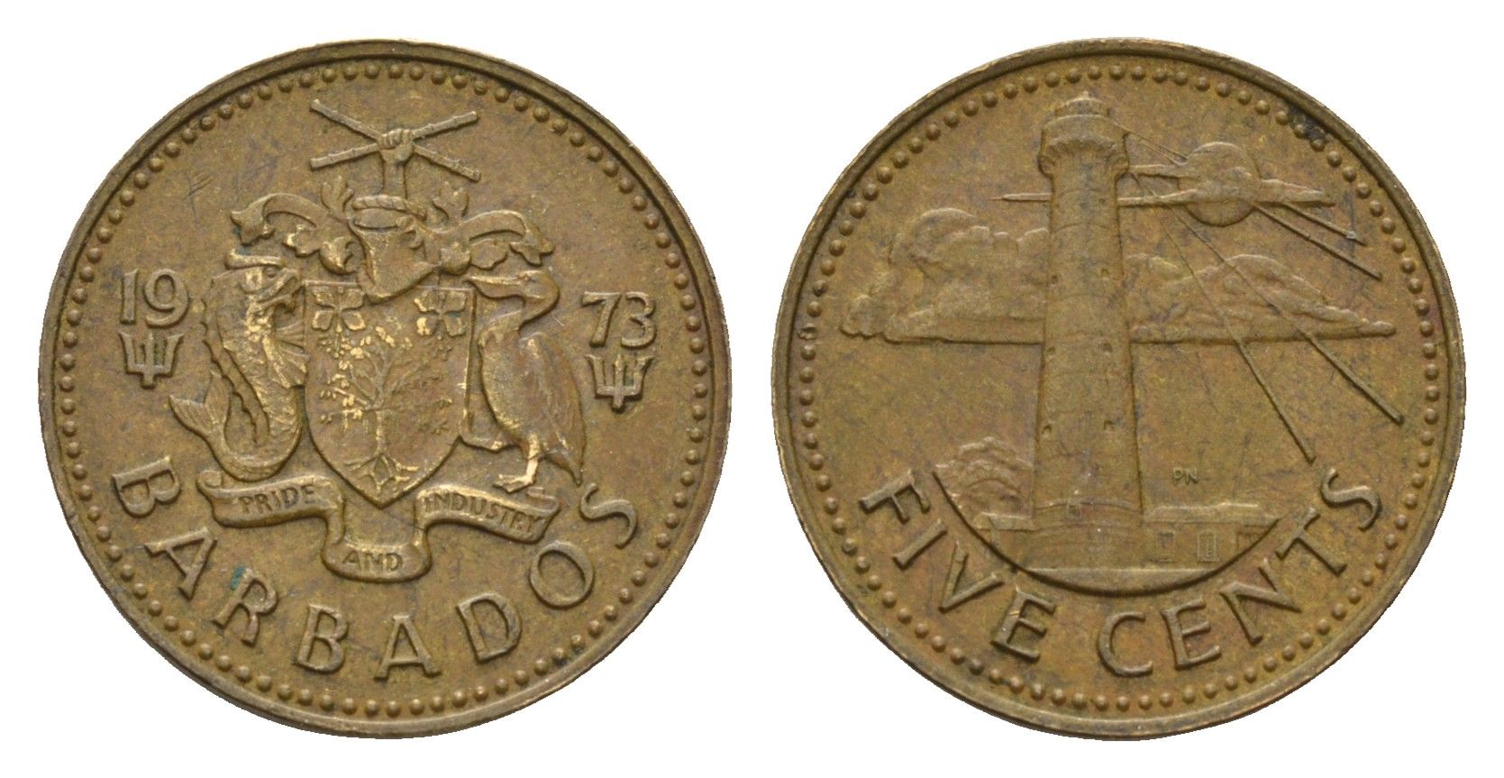 Барбадос 5 центов 1973 маяк Саут-Пойнт KM 11 латунь 4651-423