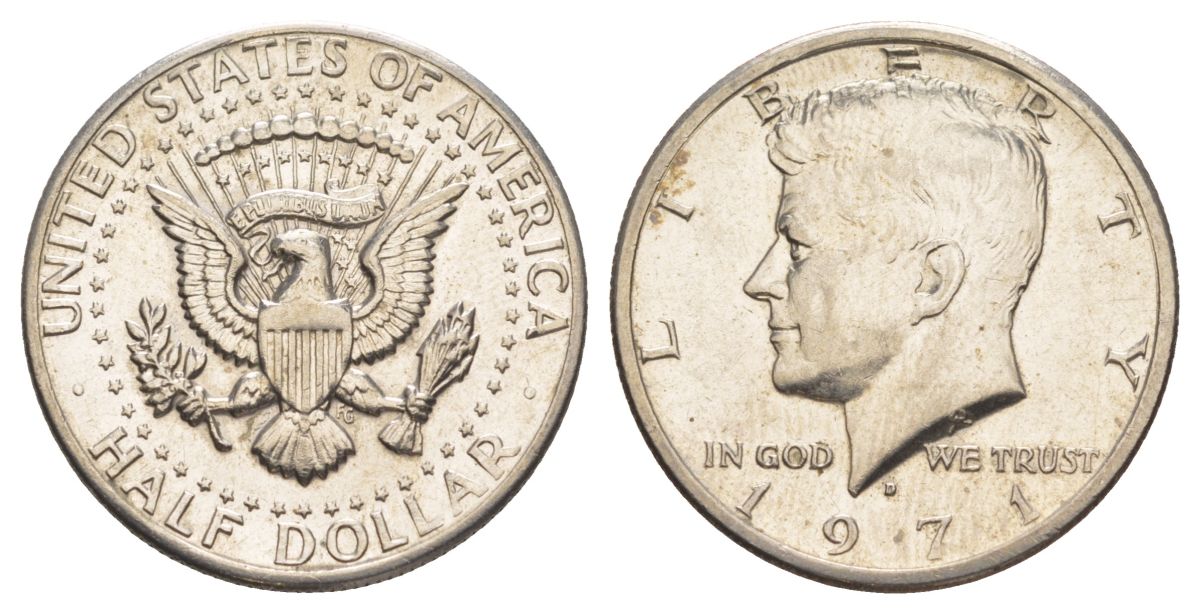 США 1/2 доллара (50 центов) 1971 D, Джон Кеннеди KM 202b медь плакированная медно-никелем aUNC 88-246