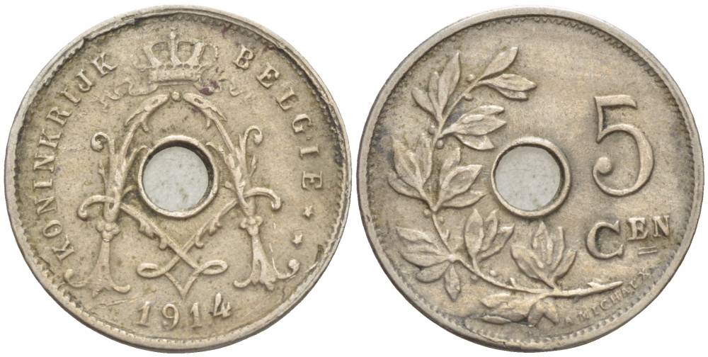 БЕЛЬГИЯ 5 САНТИМОВ 1914 BELGIE KM 67 медно-никель 4551-612