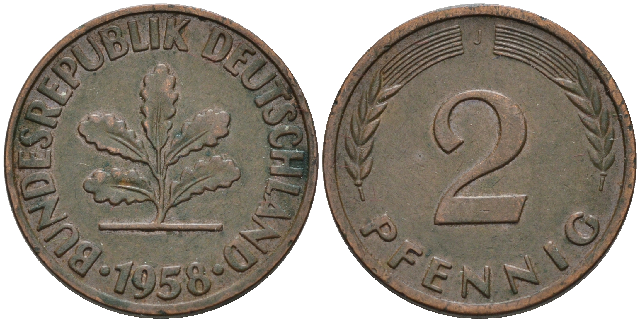 ФРГ 2 ПФЕННИГА 1958 J KM 106, J. 381 бронза 75-434