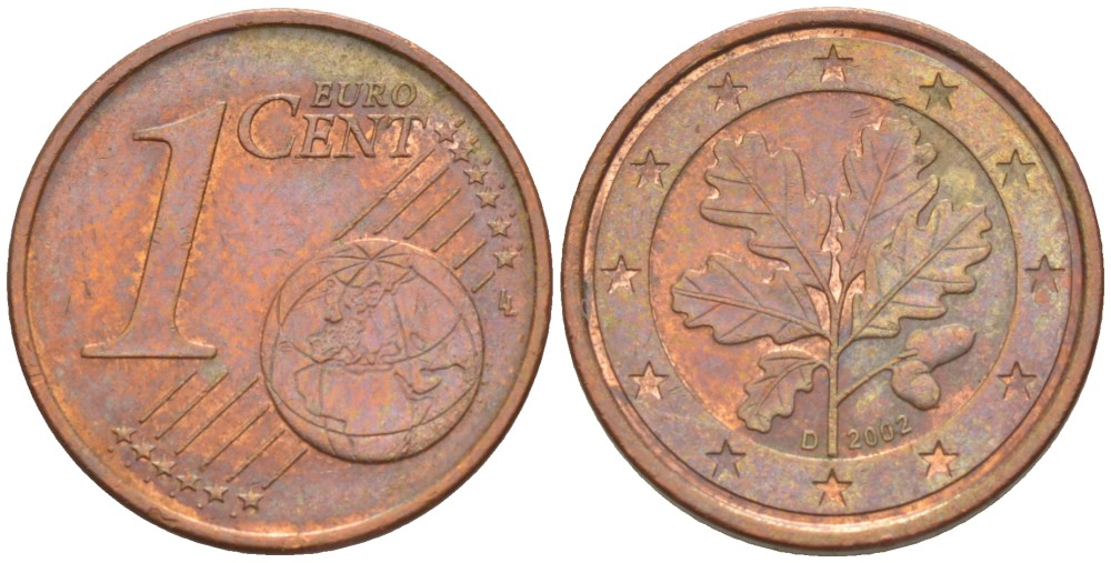 ГЕРМАНИЯ 1 ЕВРОЦЕНТ 2002 D KM 207 сталь плакированная медью 4532-447