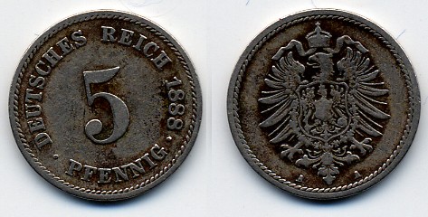 ГЕРМАНИЯ 5 ПФЕННИГОВ 1888 A, СТАРОГЕРБОВКА KM 3, J. 3 медно-никель 51-4311