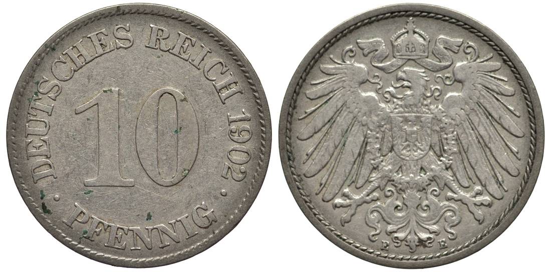 Германия 10 пфеннигов 1902 E KM 12, Jager 13, Weege 8 медно-никель 219-346
