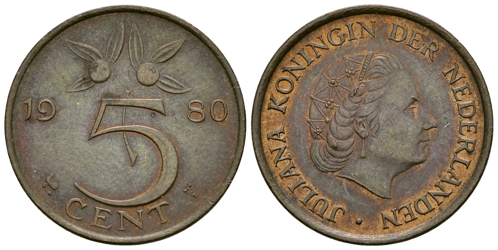 Нидерланды 5 центов 1980 Юлиана (1948-1980) KM 181 бронза 72-522
