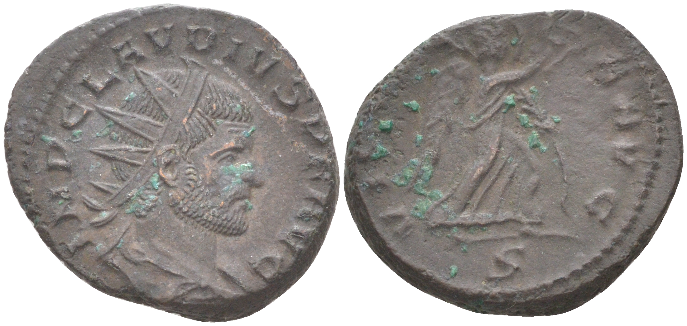 Римская Империя антониниан 268 - 270 Клавдий II Готский, бюст императора, IMP CLAVDIVS PF AVG / Виктория, VICTORIA AVG, Медиолан (из немецкой коллекции 1-й половины XX века, с владельческой этикеткой) RIC 171 биллон 1073-15-91