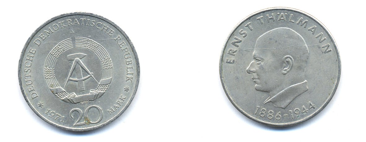 ГДР 20 марок 1971 A, 85 лет со дня рождения Эрнста Тельмана KM 34, J. 1535 медно-никель 3333-621