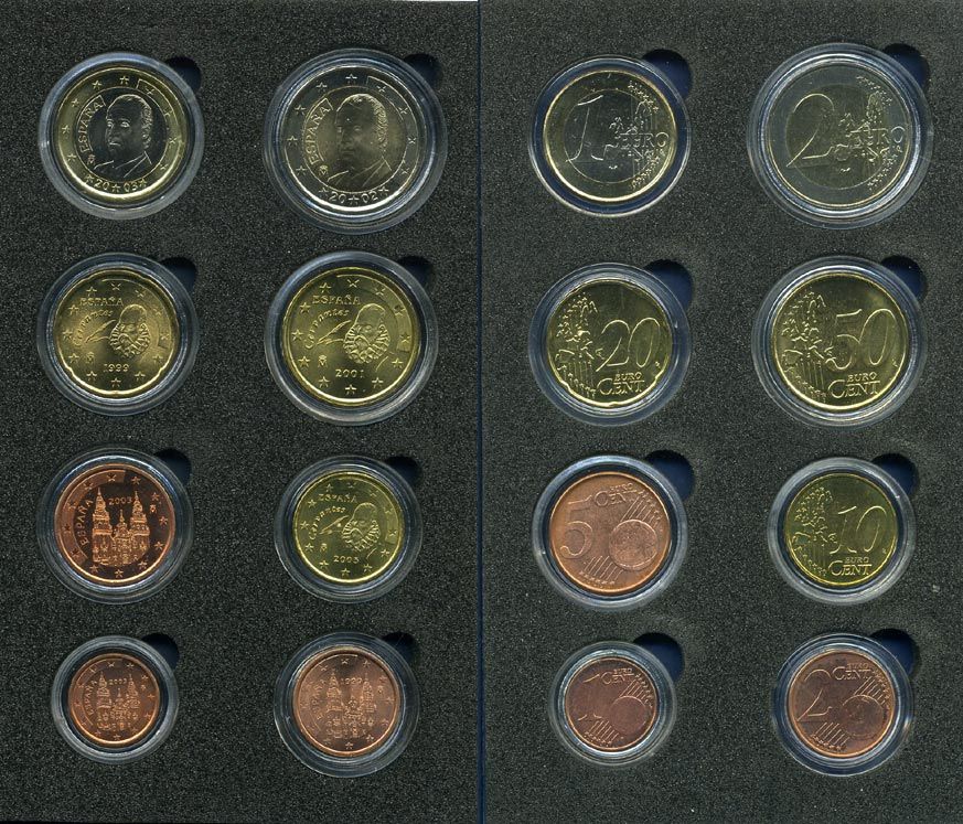 Испания евронабор из 8 монет 1999-2003 1, 2, 5, 10, 20, 50 евроцентов, 1 И 2 евро, в капсулах KM 1040, 1041, 1042, 1043, 1044, 1045, 1046, 1047 UNC 5-4-1-33