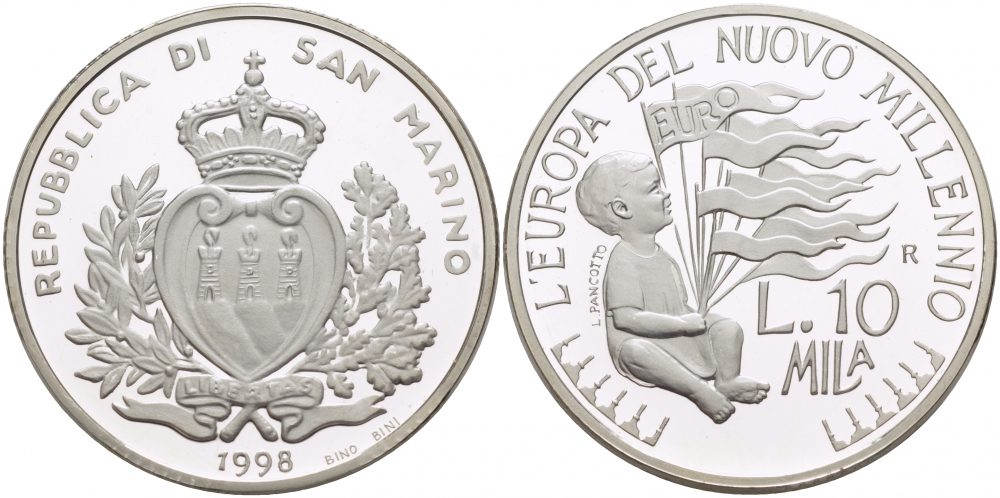 Сан-Марино 10000 лир 1998 Европа в новом тысячелетии, миллениум KM 387 серебро PROOF 1068-3-24
