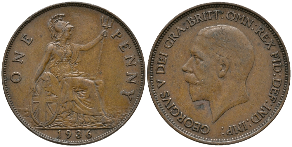 Великобритания 1 пенни 1936 Георг V (1910-1936) KM 838, Spink 4055 бронза 32-846