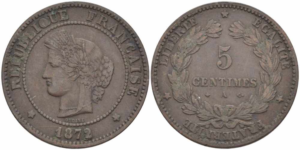 ФРАНЦИЯ 5 САНТИМОВ 1872 А, ТРЕТЬЯ РЕСПУБЛИКА (1871-1940) KM 821.1, LE FRANC 118.5 бронза 108-615