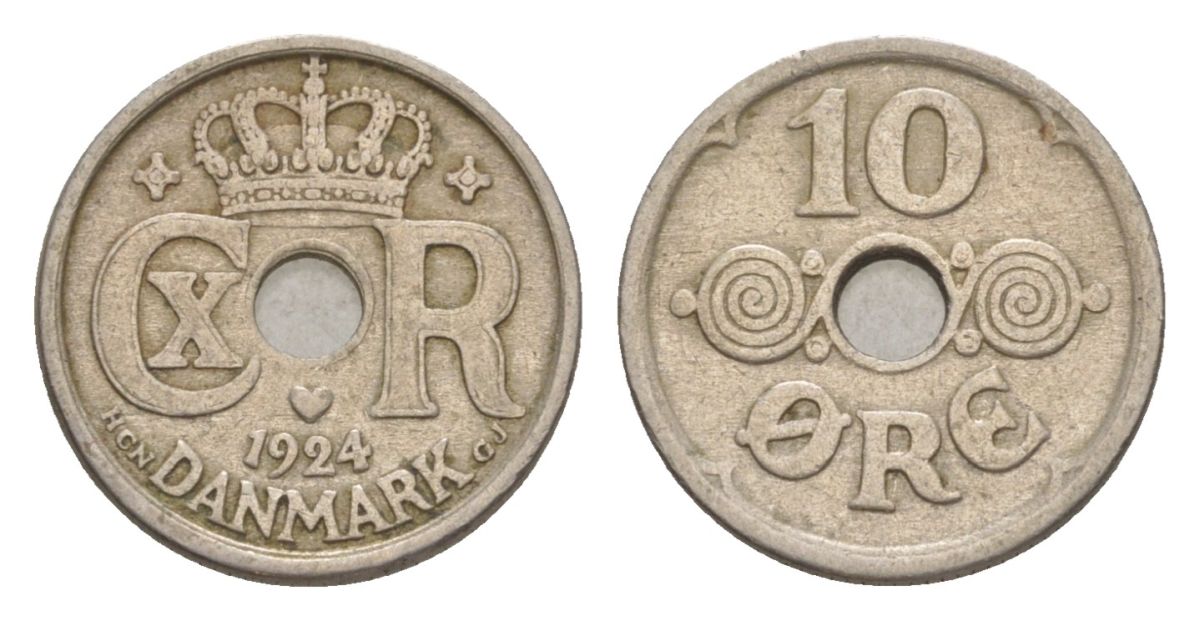 Дания 10 эре 1924 HCN; GJ, Кристиан X (1912-1947) KM 822 медно-никель 4627-1166