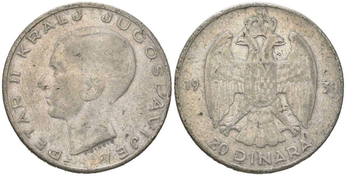 Югославия 20 динаров 1938 Петр II (1934-1945) KM 23 серебро 4177-541