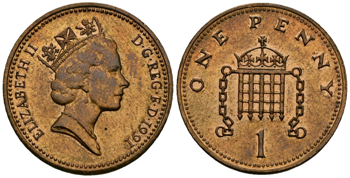 Великобритания 1 пенни 1991 Елизавета II (1952-2022) KM 935, Spink 4381 (B3) бронза 4176-623