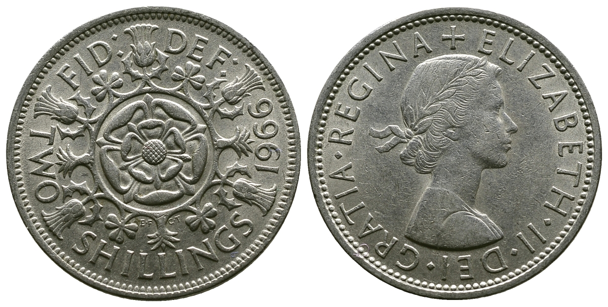 Великобритания 2 шиллинга (флорин) 1966 Елизавета II (1952-2022) KM 906, Spink 4146 медно-никель 4382-613
