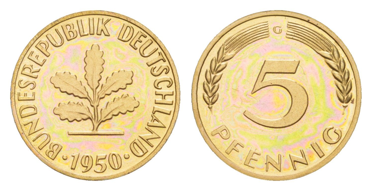 ФРГ 5 пфеннигов 1950 G, тираж 1.800 экземпляров KM 107, J. 382 сталь плакированная латунью PROOF 11-132-44