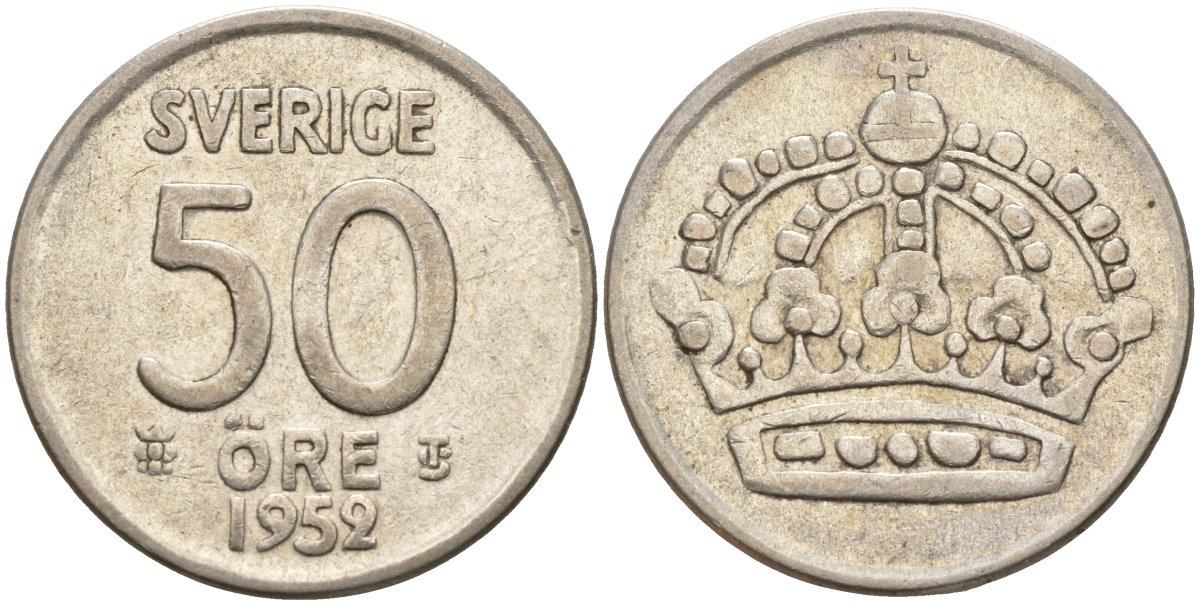 Швеция 50 эре 1952 TS, Густав VI Адольф (1950-1973) KM 825 серебро 4148-914