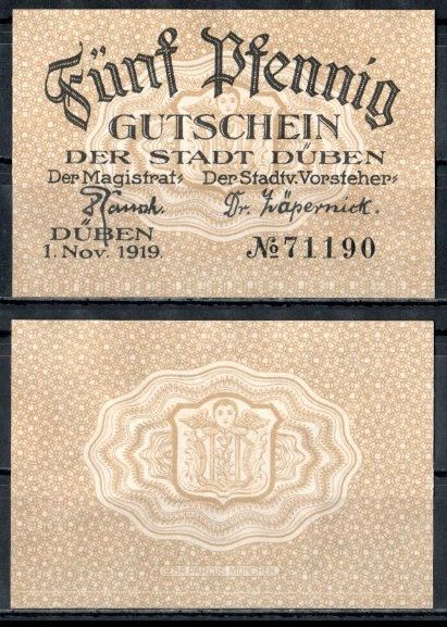 Дюбен (Пруссия, Саксония) 5 пфеннигов 1919 Mehl Grabowski D33.2a бумага UNC (пресс) 7555-59-3-1