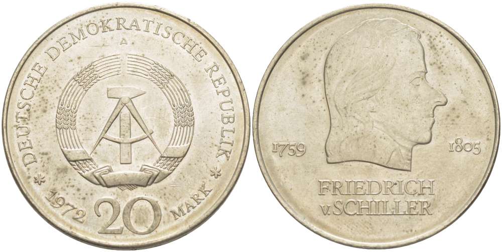 ГДР 20 марок 1972 А, Фридрих Шиллер (1759-1805) KM 40 медно-никель 4521-713