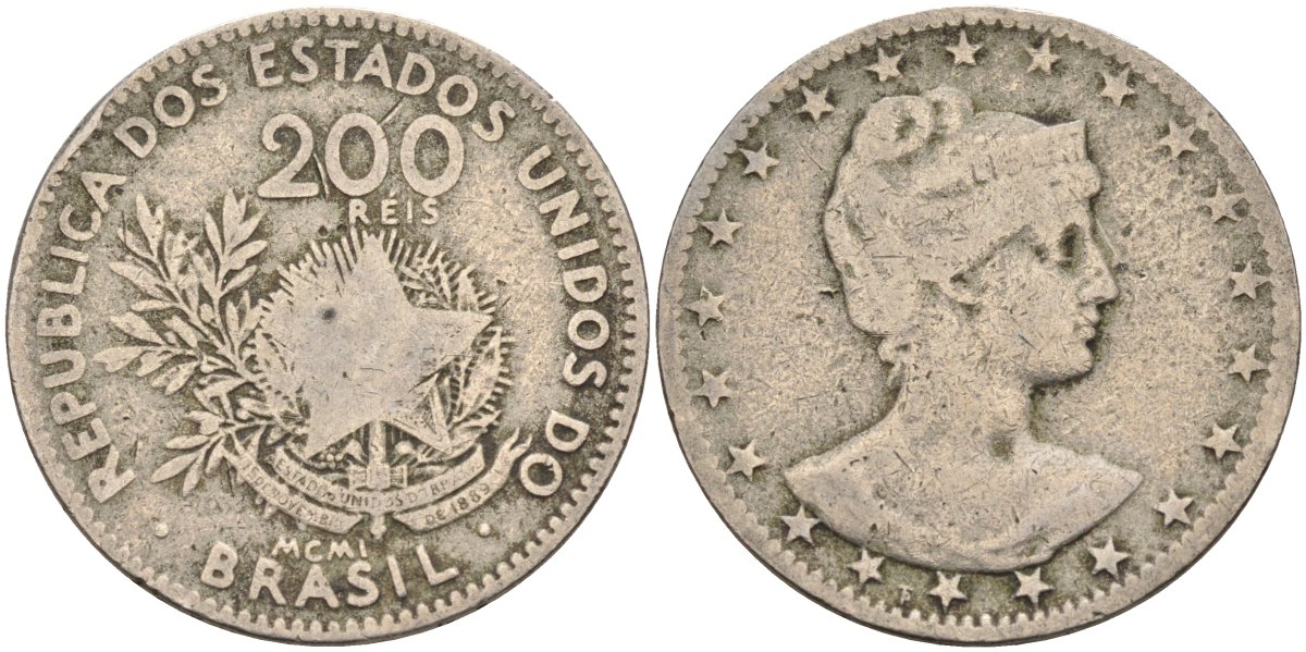Бразилия 200 рейс 1901 голова свободы вправо KM 504 медно-никель 4589-1053