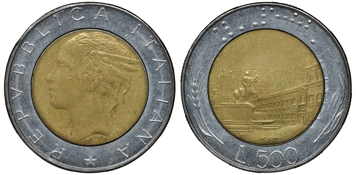 ИТАЛИЯ 500 ЛИР 1987 KM 111 биметалл 72-952