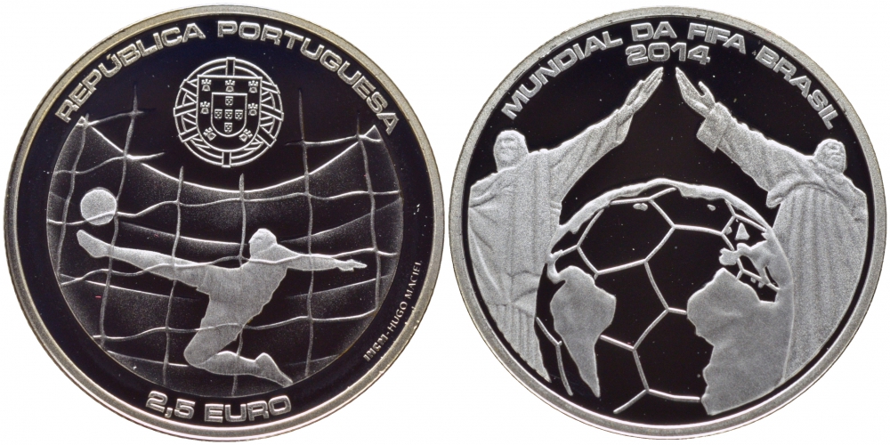 Португалия 2 1/2 евро 2014 чемпионат мира по футболу в Бразилии KM NEW серебро PROOF 01-149-31