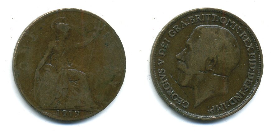 Великобритания 1 пенни 1919 Георг V (1910-1936) KM 810, Spink 4051 бронза 35-1136