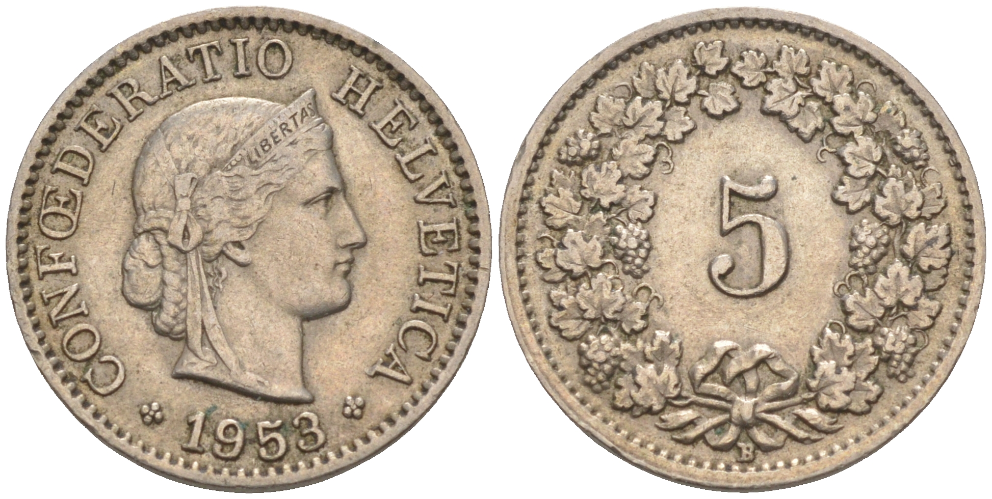 ШВЕЙЦАРИЯ 5 РАППЕНОВ 1953 B KM 26 медно-никель 188-361