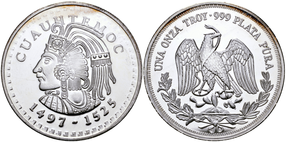 МЕКСИКА 1 УНЦИЯ ND ИНДЕЕЦ CUAUHTEMOC (1475-1525), ДИАМЕТР 40 ММ., ВЕС 1 ТРОЙСКАЯ УНЦИЯ серебро PROOF 00-00