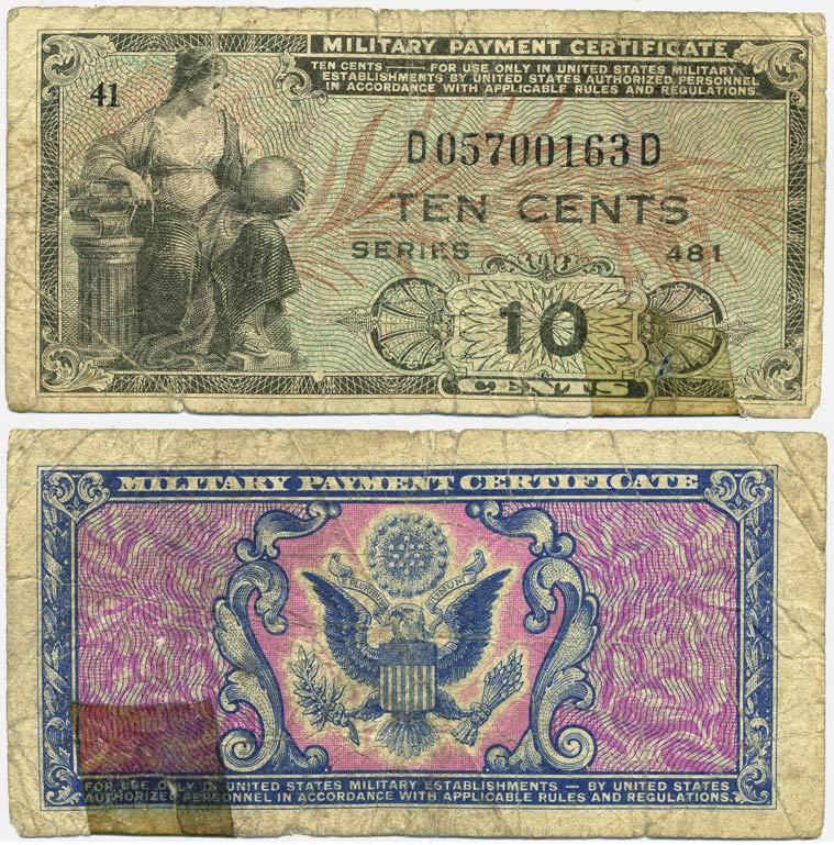 США 10 ЦЕНТОВ 1951 ВОЕННЫЙ ПЛАТЕЖНЫЙ СЕРТИФИКАТ, ВРЕМЕН КОРЕЙСКОЙ ВОЙНЫ Pick M23 бумага 7547-19-2