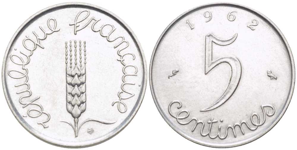 ФРАНЦИЯ 5 САНТИМОВ 1962 ПЯТАЯ РЕСПУБЛИКА KM 927, LE FRANC 124.4 хромированная сталь 175-316
