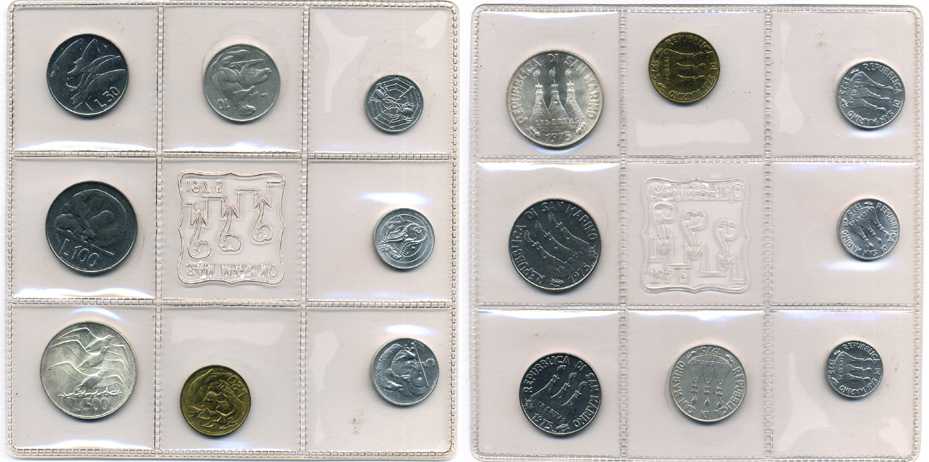 Сан-Марино годовой набор из 8 монет 1975 1, 2, 5, 10, 20, 50, 100 и 500 лир чайки летят над морскими гребнями KM 40-47, в оригинальной пластиковой запайке KM MS5 серебро UNC 2-5-1-26