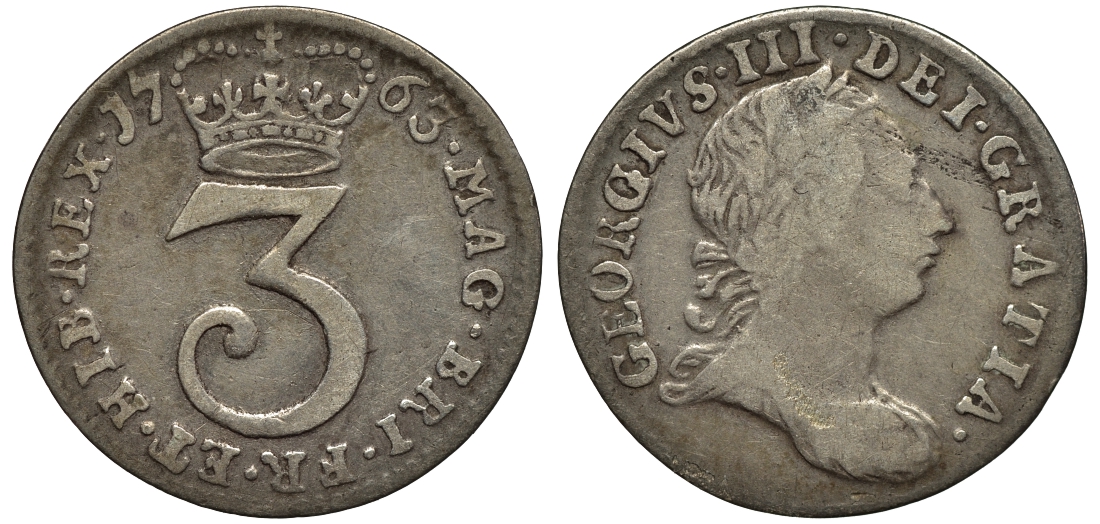 Великобритания 3 пенса 1763 Георг III (1760-1820) KM 591, Spink 3753 серебро 1524-234