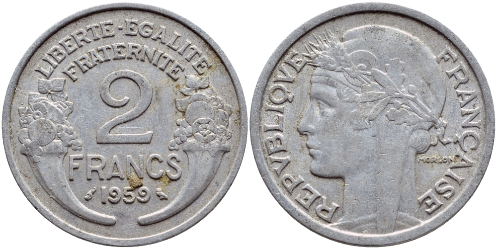 ФРАНЦИЯ 2 ФРАНКА 1959 KM 886a.1, LE FRANC 269.19 алюминий 4397-757