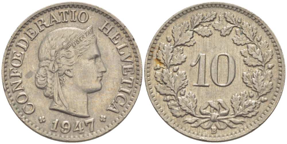 ШВЕЙЦАРИЯ 10 РАППЕНОВ 1947 В KM 27 медно-никель 39-465