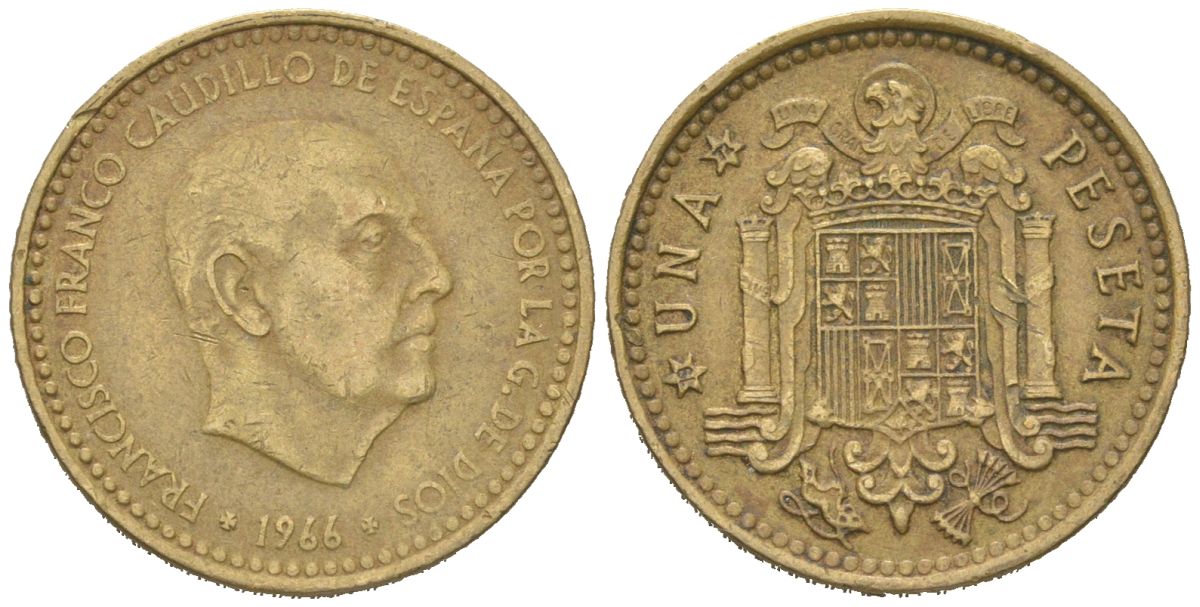 Испания 1 песета 1966 (72) Франсиско Франко (1939-1975) KM 796 алюминиевая бронза 4617-1264