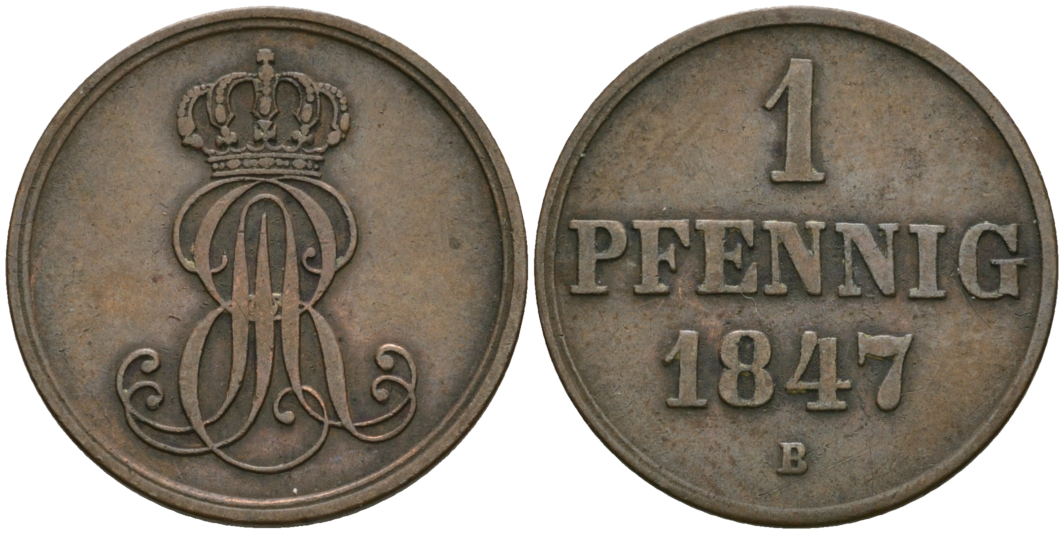 Ганновер 1 пфенниг 1847 B, Эрнст Август (1837-1851) KM 201.1, AKS 129, J. 74 медь 08-1318