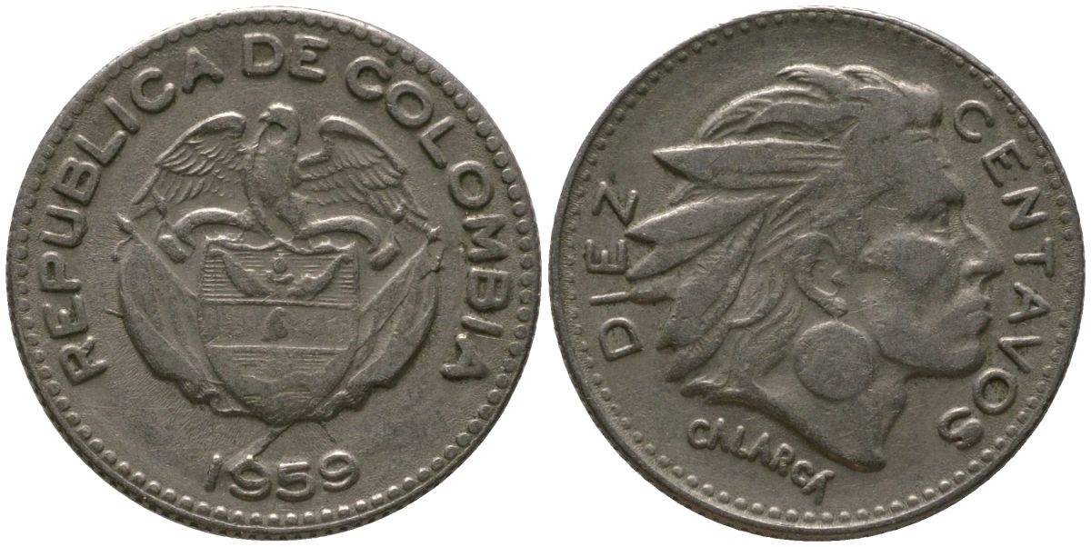 Колумбия 10 сентаво 1959 KM 212.2, Restrepo 380.7 медно-никель 4576-1032