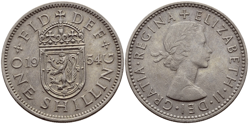 Великобритания 1 шиллинг 1954 Елизавета II (1952-2022), Шотландский герб KM 905, Spink 4148 медно-никель 83-1244