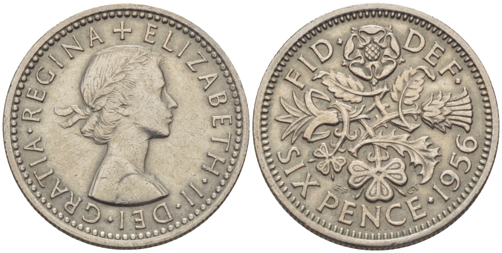 Великобритания 6 пенсов 1956 Елизавета II (1952-2022) KM 903, Spink 4149 медно-никель 66-454