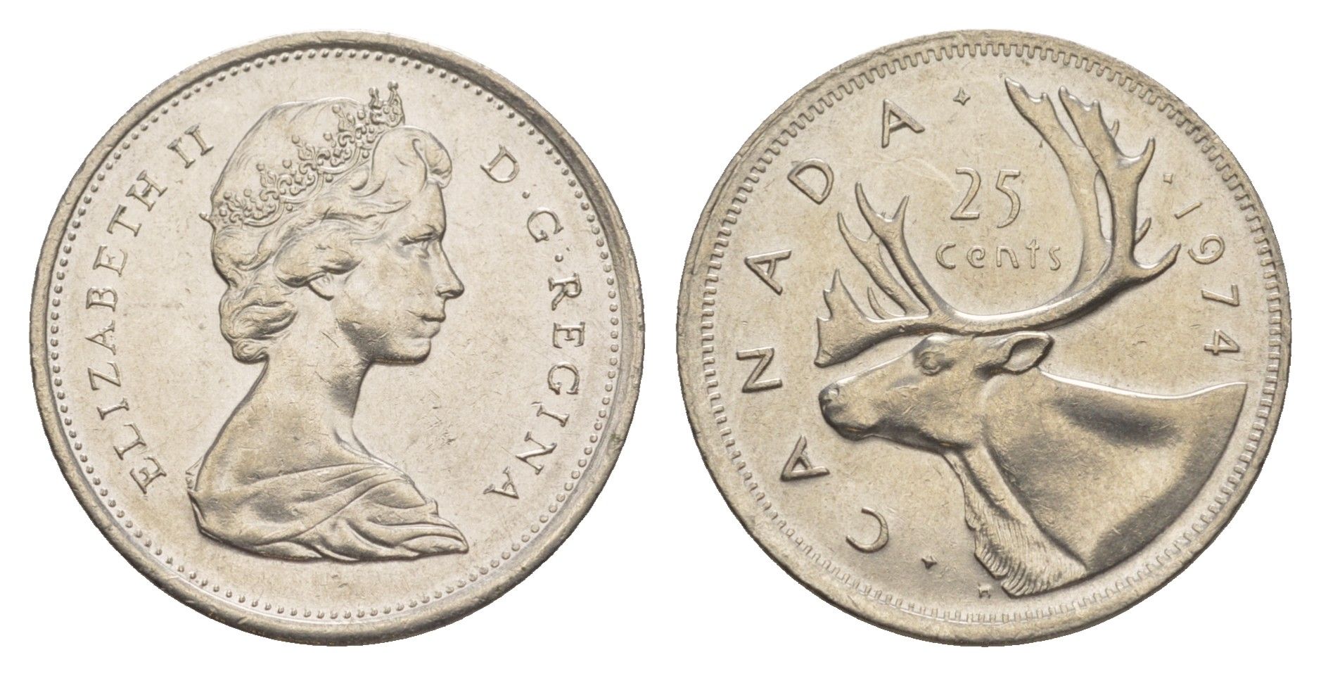 Канада 25 центов 1974 Елизавета II (1952-2022), олень KM 62b никель 4637-821