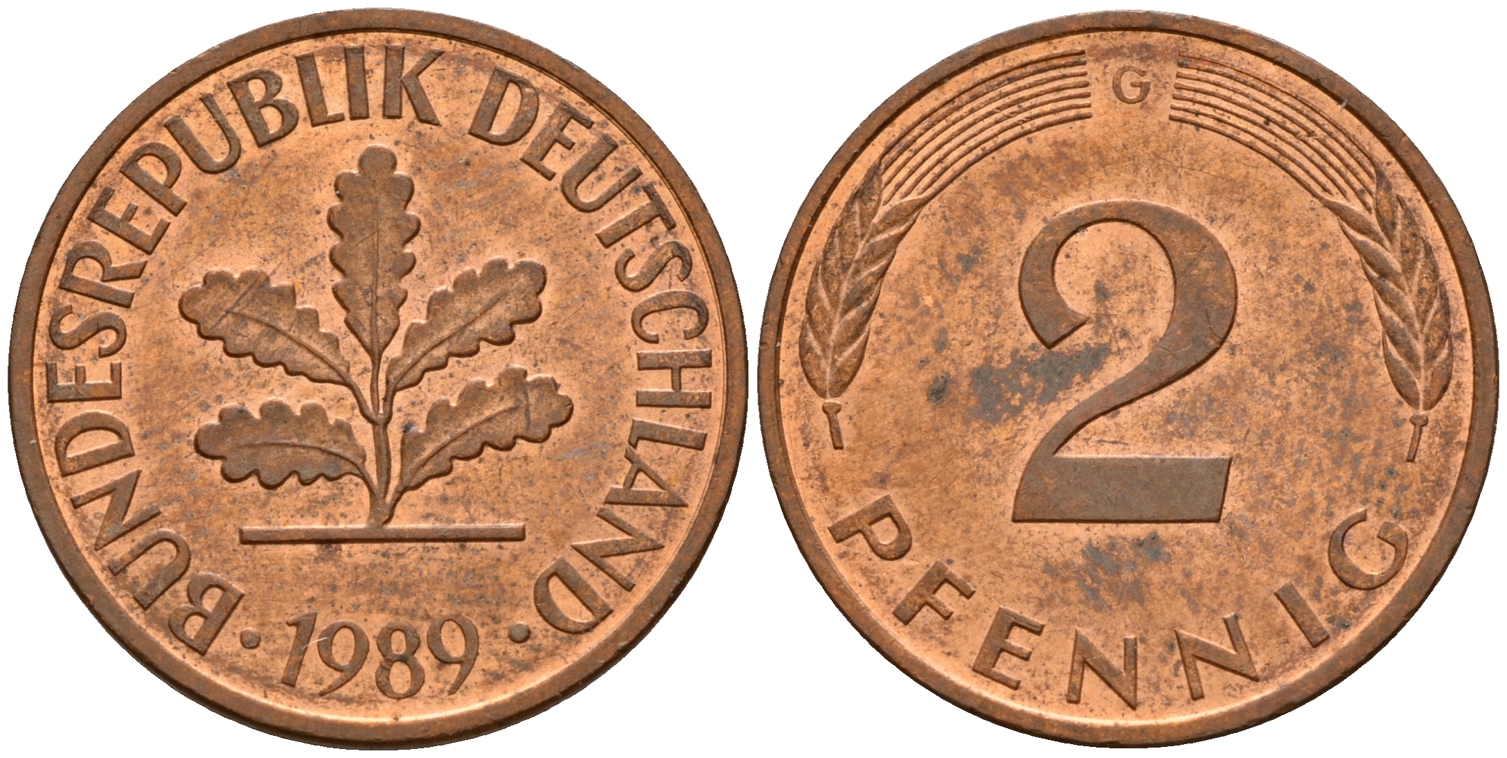 ФРГ 2 пфеннига 1989 G J.381a, KM 106a сталь плакированная медью    4598-924