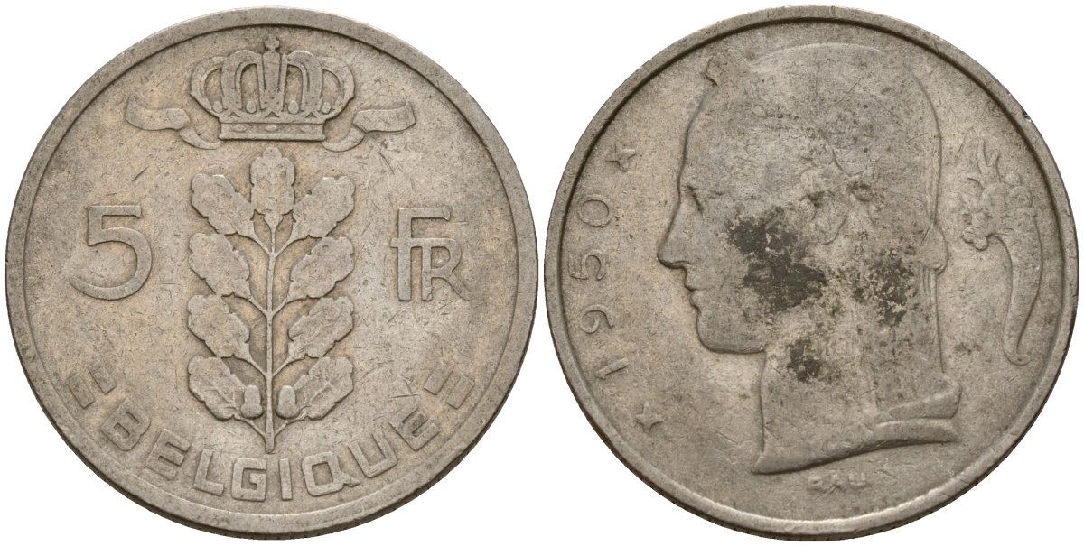 Бельгия 5 франков 1950 Belgique KM 134 медно-никель 4156-647