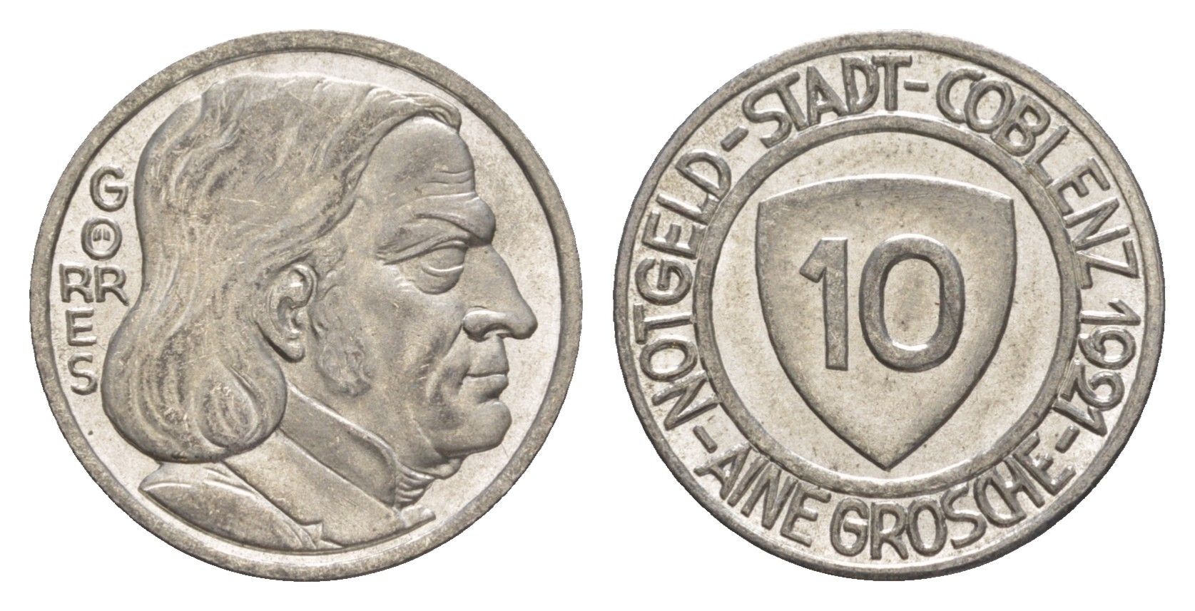 Кобленц 10 пфеннигов 1921 Funck 80.5, Men05 4526.11, Men18 5727.11 железо плакированная никелем UNC 4586-211