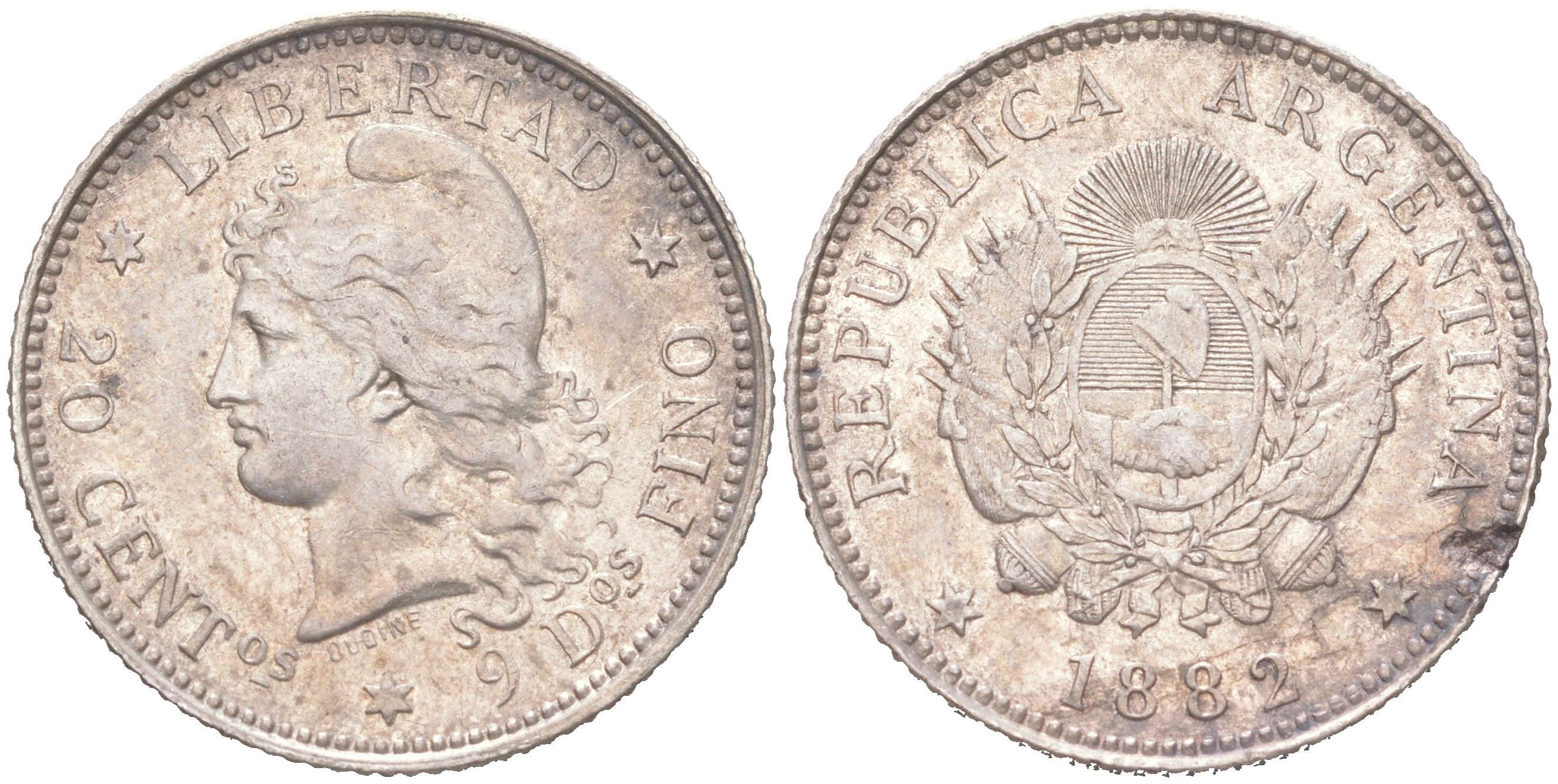 Аргентина 20 сентаво 1882 KM 27 серебро 4622-124