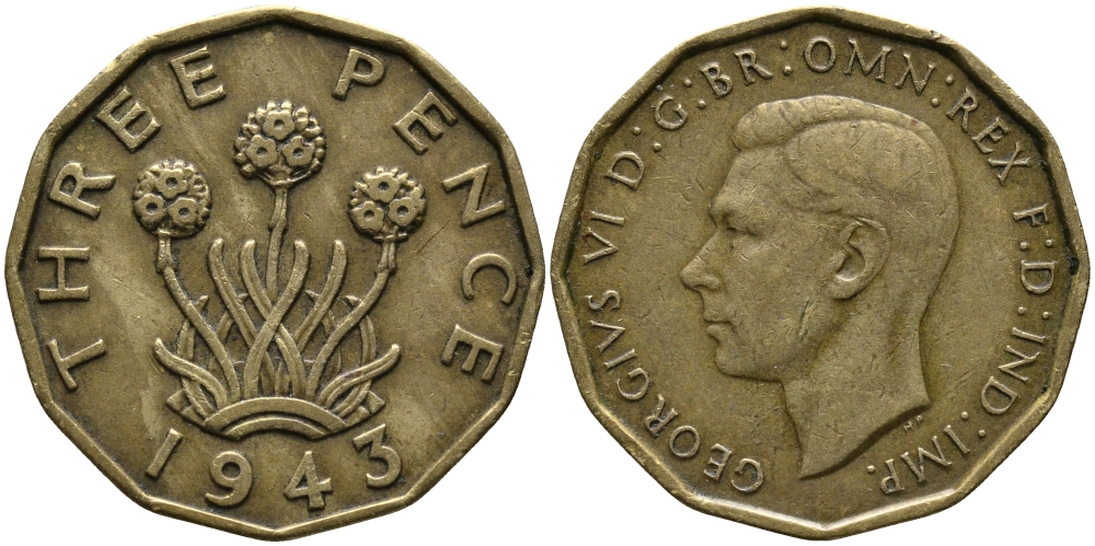 Великобритания 3 пенса 1943 Георг VI (1936-1952) KM 849, Spink 4112 никель латунь 3459-146