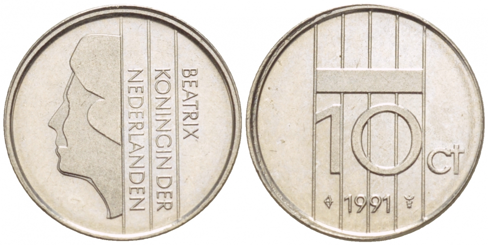 НИДЕРЛАНДЫ 10 ЦЕНТОВ 1991 БЕАТРИКС KM 203 никель 4547-927