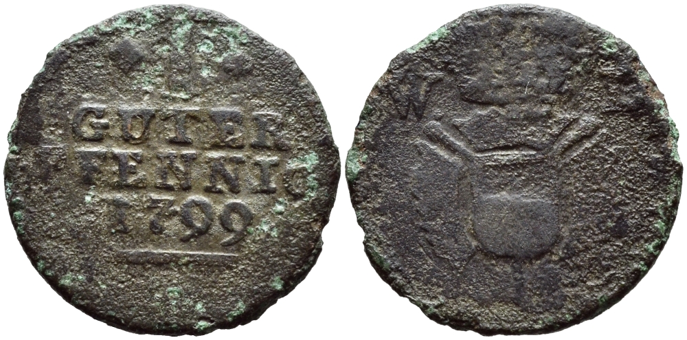 Шаумбург-Гессен 1 пфенниг 1799 KM 3 медь 261-1634