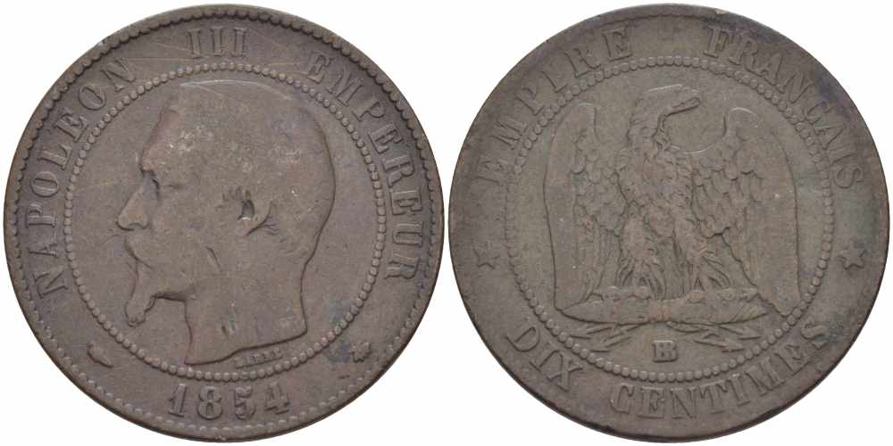 ФРАНЦИЯ 10 САНТИМОВ 1854 BB, НАПОЛЕОН III (1852-1870) KM 771.3, LE FRANC 133.12 бронза 38-933