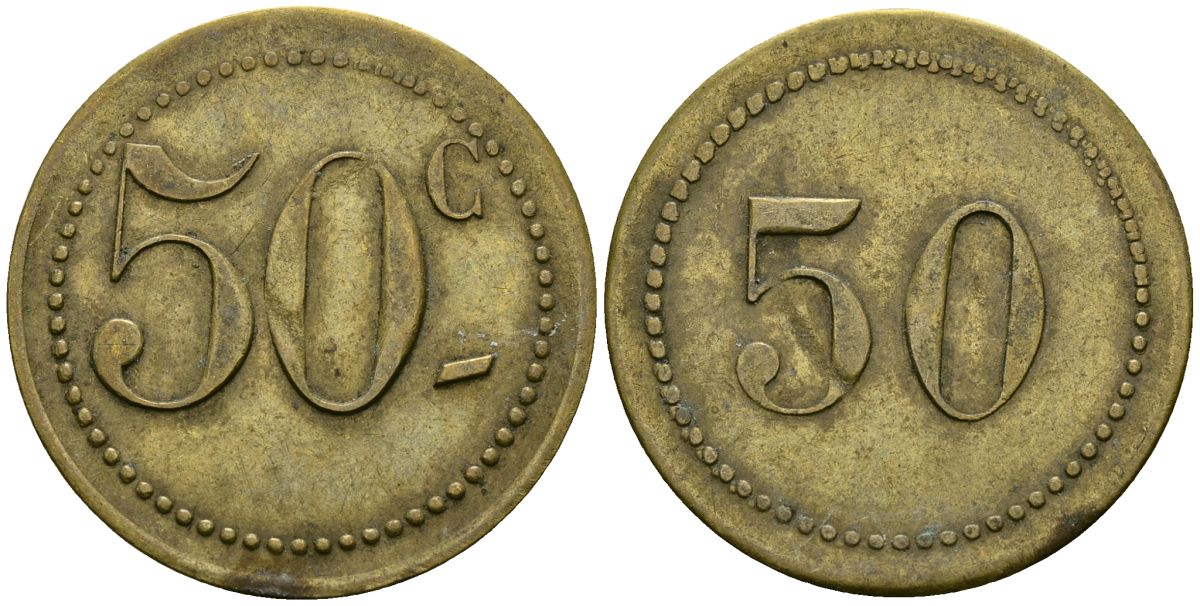 Франция 50 сантимов XIX-XX век ресторанный жетон латунь 4166-1257